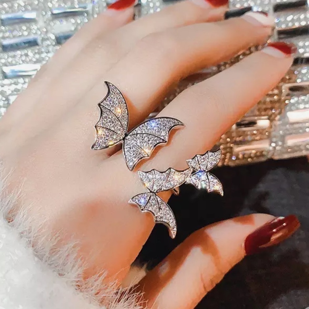 NWT Triple Silver With Crystals Butterfly Ring Adjustable Size